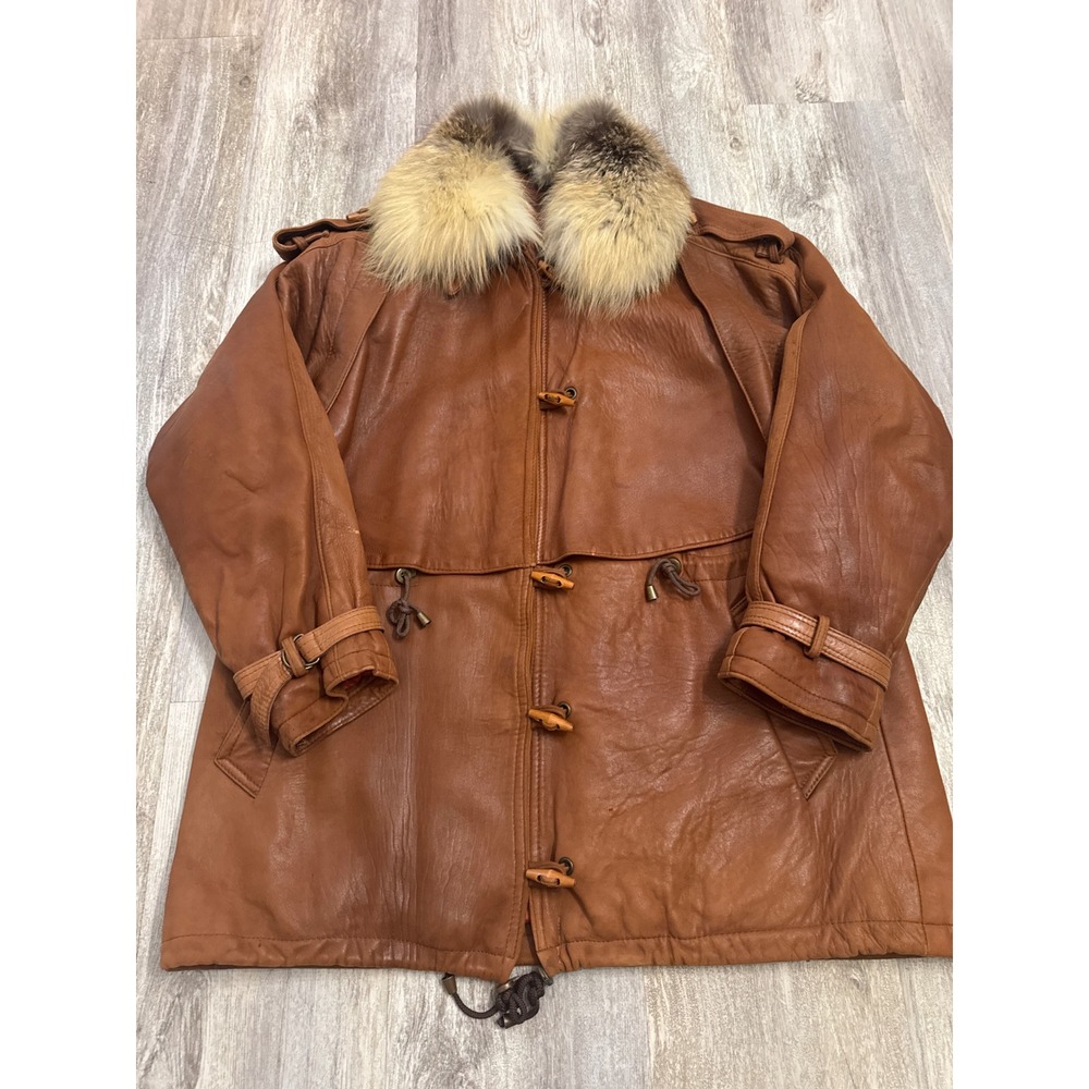 Damselle Ltd Vintage Leather Parka Fur Collar Brown Made in USA Women's Large
